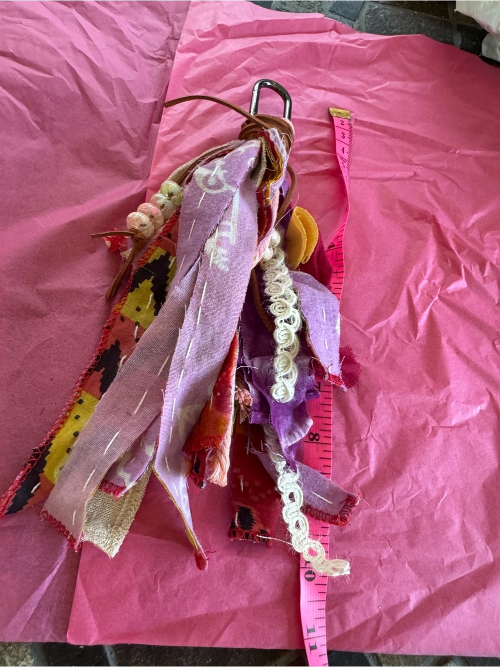 Boho Fabric Tassel Keychain - Pink & Purple Mixed Strips